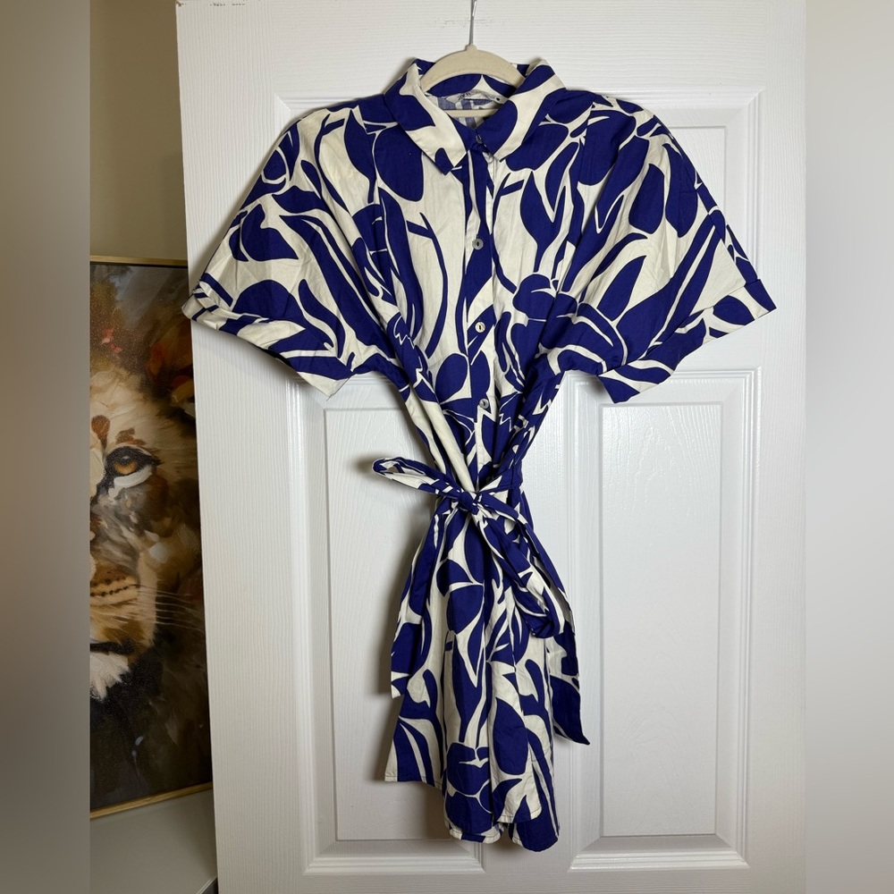 Zara Navy and White Floral Tie-Waist Shirt Dress